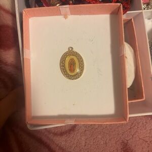 Gold-Tone Religious Oval Pendant Necklace with Pink and Yellow Accents